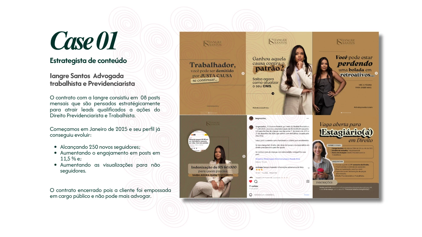Case 01 — estratégia de conteúdo para advogada trabalhista e previdenciarista
